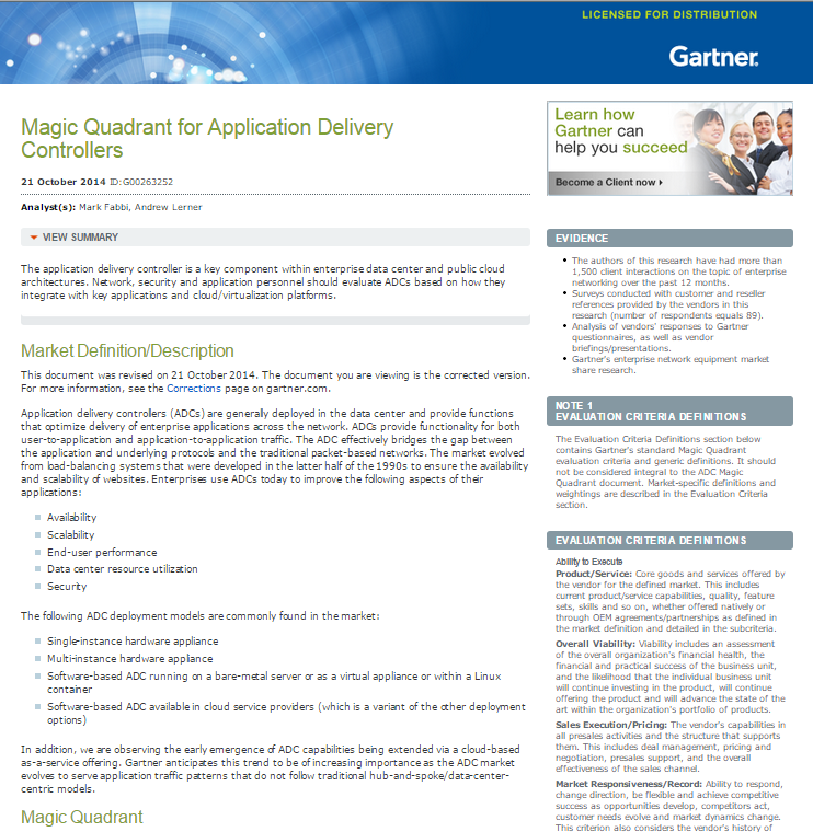 Gartner 2014 Magic Quadrant for Application Delivery Controllers
