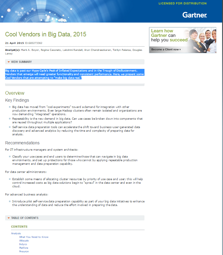 Cool Vendors in Big Data, 2015