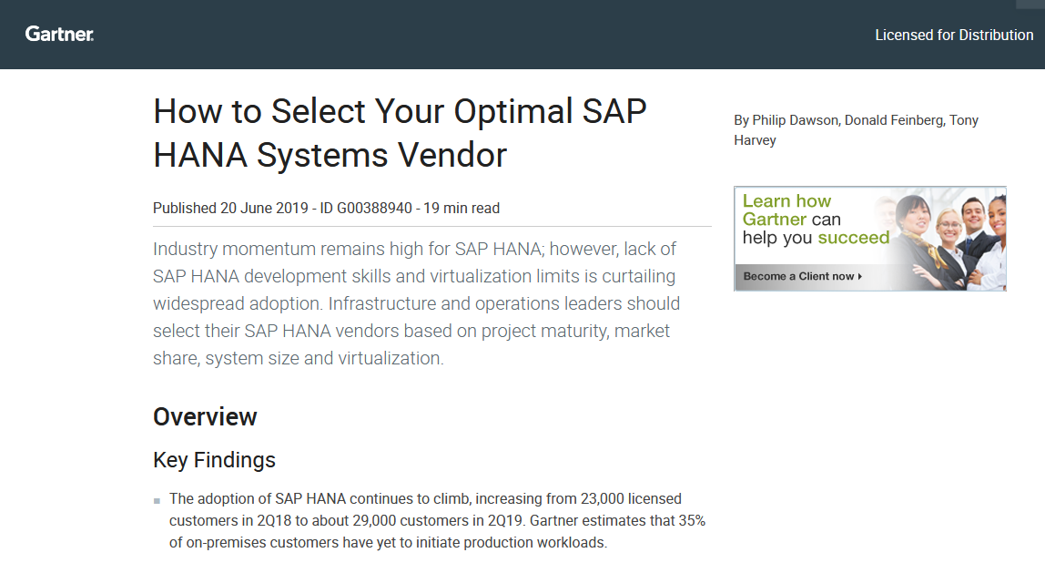 Gartner Paper: How to Select Your Optimal SAP HANA Systems Vendor