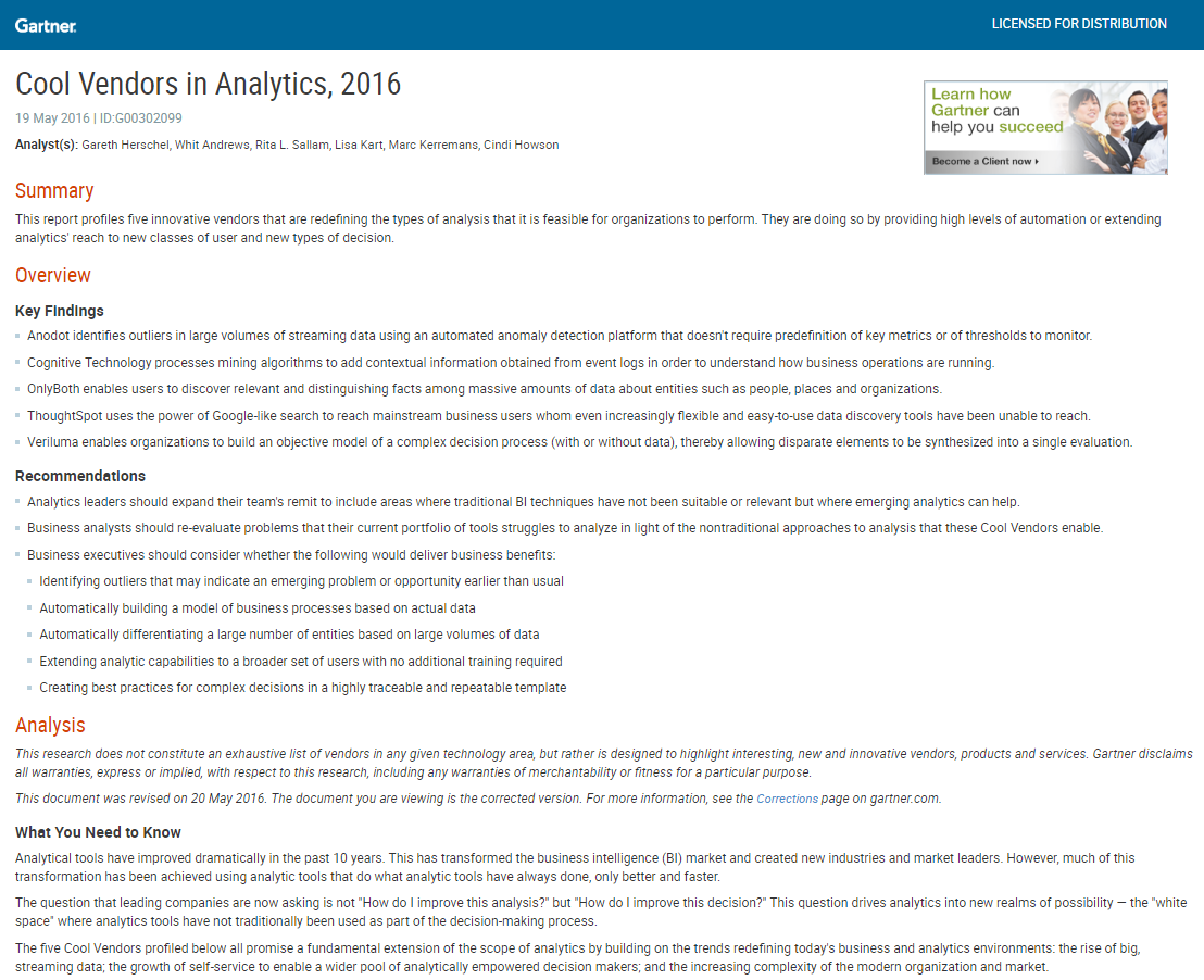 Gartner Cool Vendors in Analytics