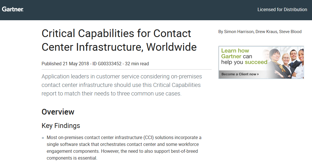 2018 Gartner Report: Critical Capabilities for Contact Center Infrastructure, Worldwide