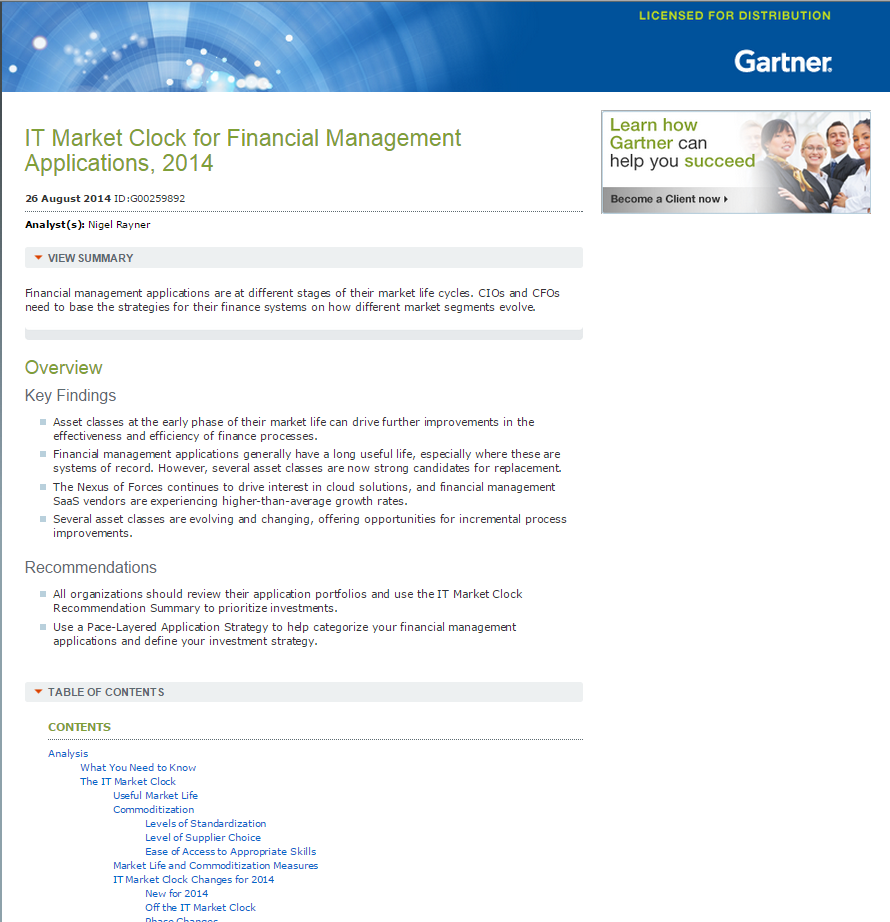 Gartner Report: IT Market Clock for Financial Management Applications, 2014