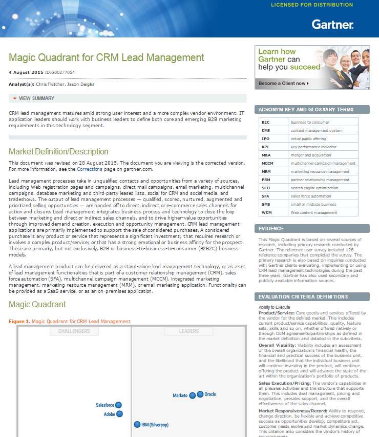 2015 Gartner Magic Quadrant for Lead Management