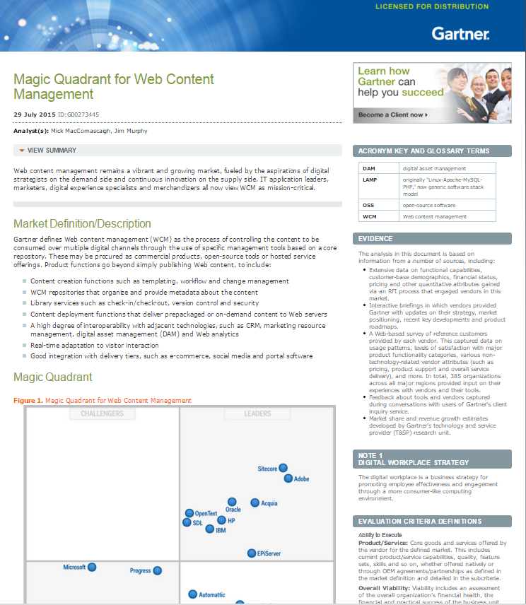 Gartner: Magic Quadrant for Web Content Management