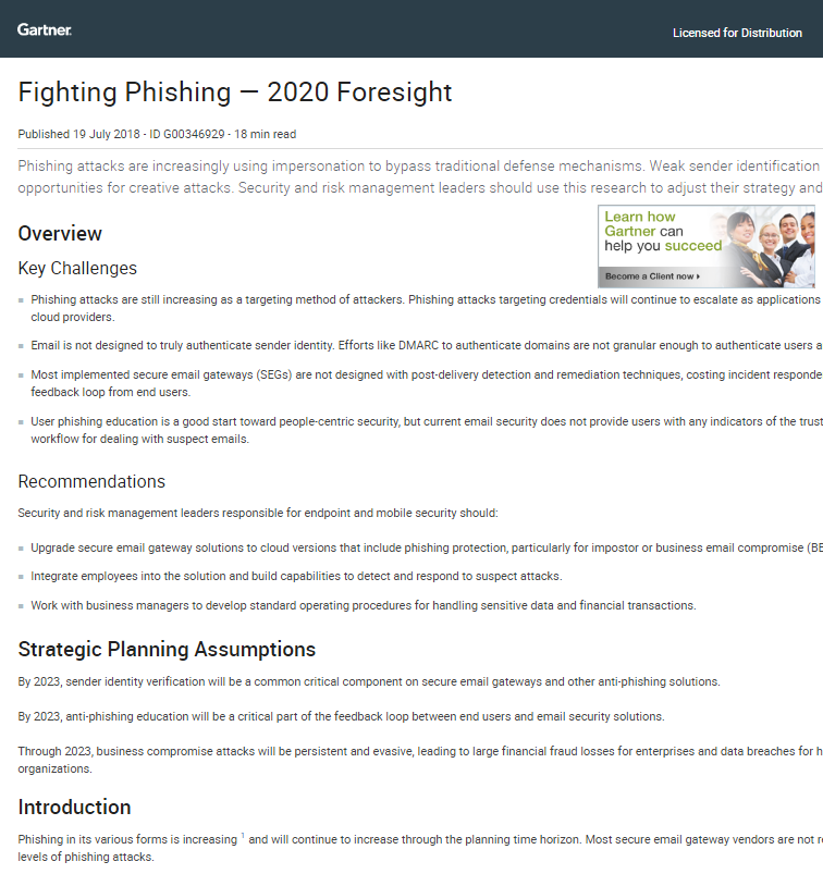 Gartner Report: Fighting Phishing–2020 Foresight