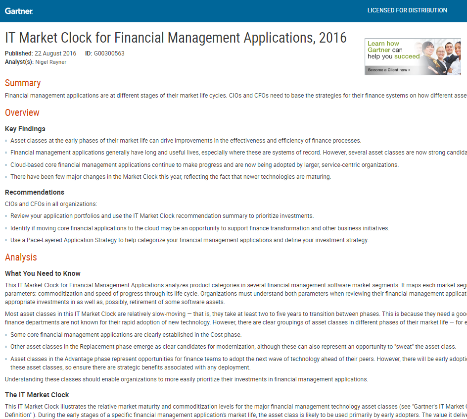 Gartner IT Market Clock for Financial Management Applications, 2016