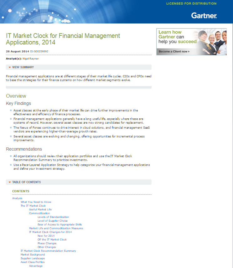 Gartner Report: IT Market Clock for Financial Management Applications