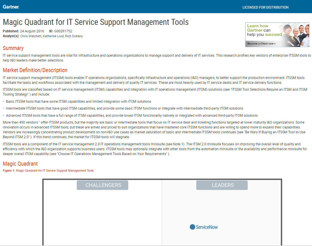 2016 Gartner Magic Quadrant for ITSSM