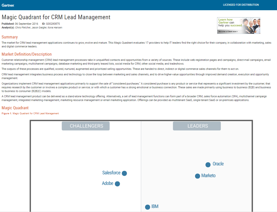 2016 Gartner Magic Quadrant for CRM Lead Management