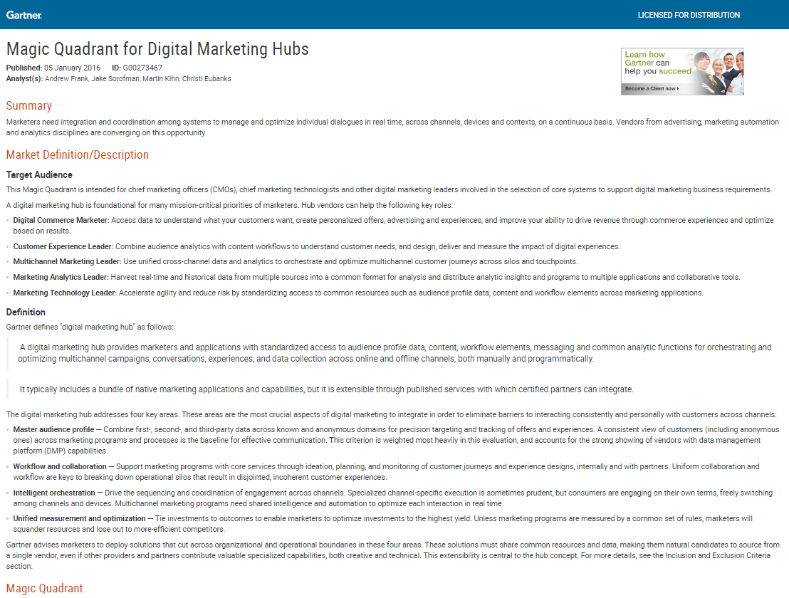 2016 Gartner Magic Quadrant for Digital Marketing Hubs