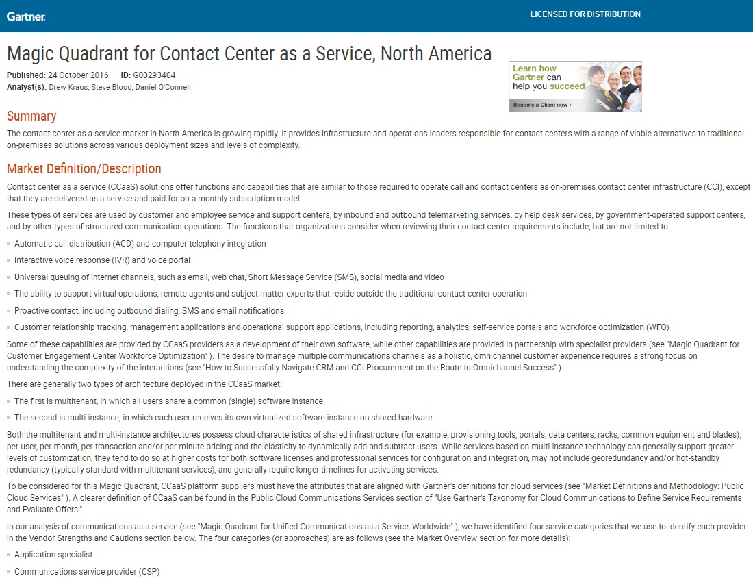 Gartner Report: Gartner Magic Quadrant for Contact Center as a Service, North America