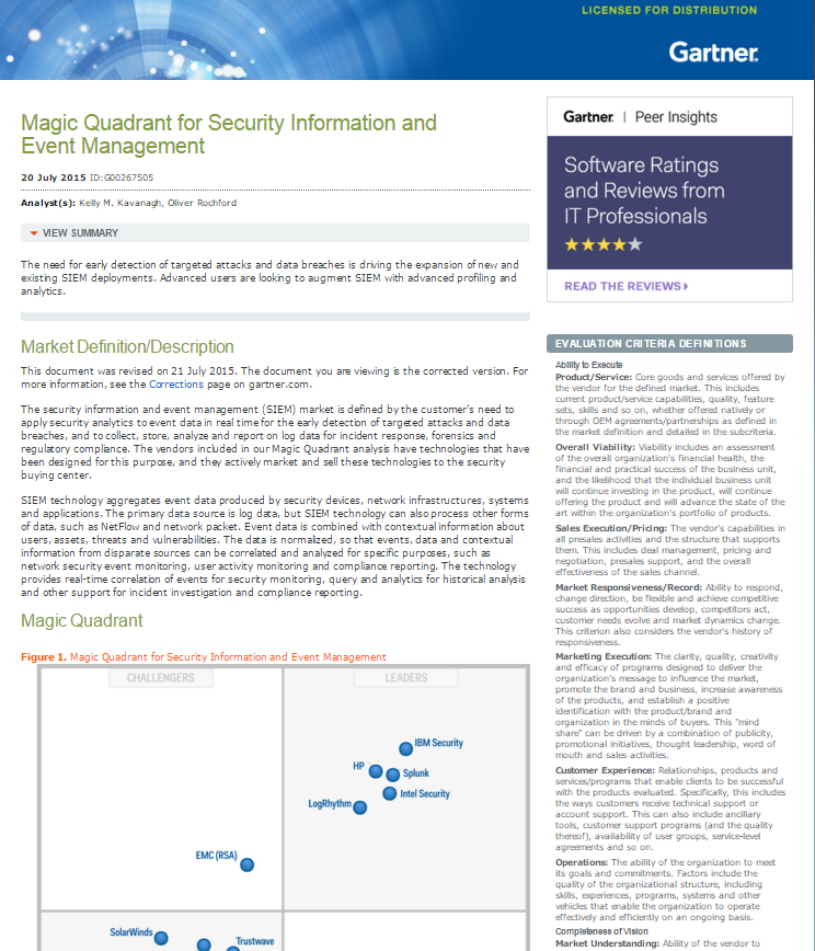 Gartner Magic Quadrant for SIEM 2015