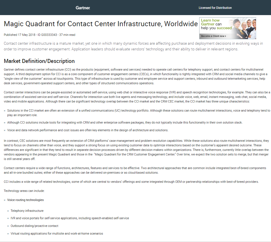 2018 Gartner Magic Quadrant for Contact Center Infrastructure, Worldwide