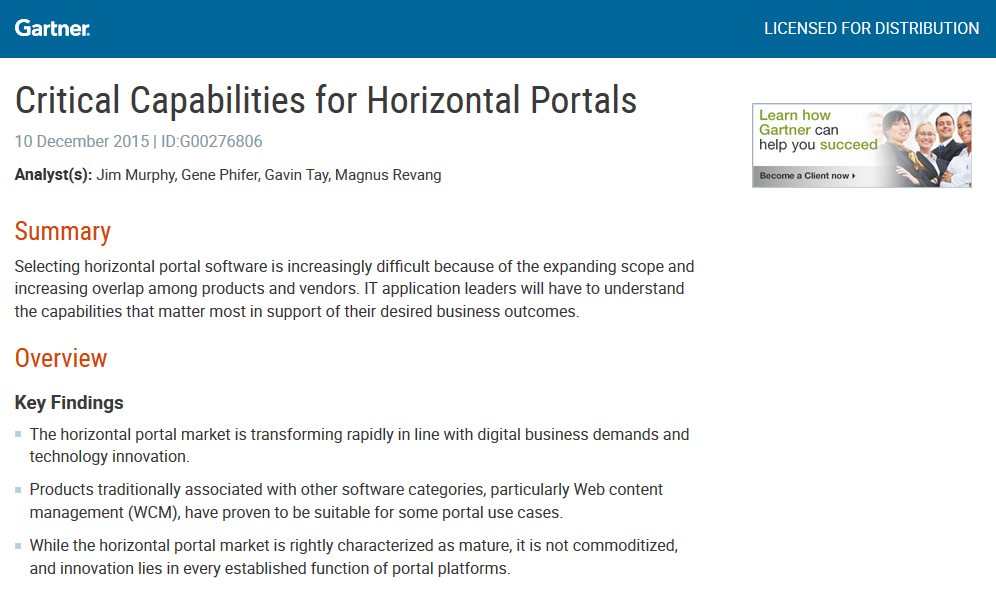 Gartner Critical Capabilities for Horizontal Portals
