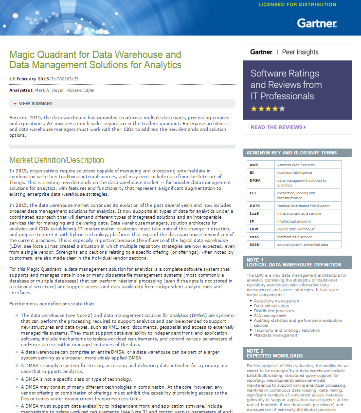 Magic Quadrant for Data Warehouse and Data Management Solutions for Analytics