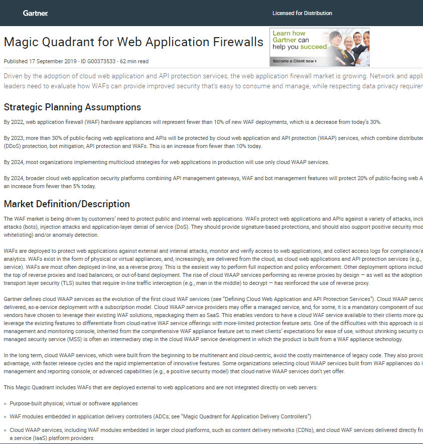 Gartner Magic Quadrant for Web Application Firewalls