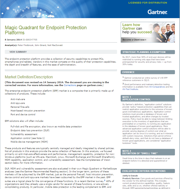 Gartner Magic Quadrant for Endpoint Protection