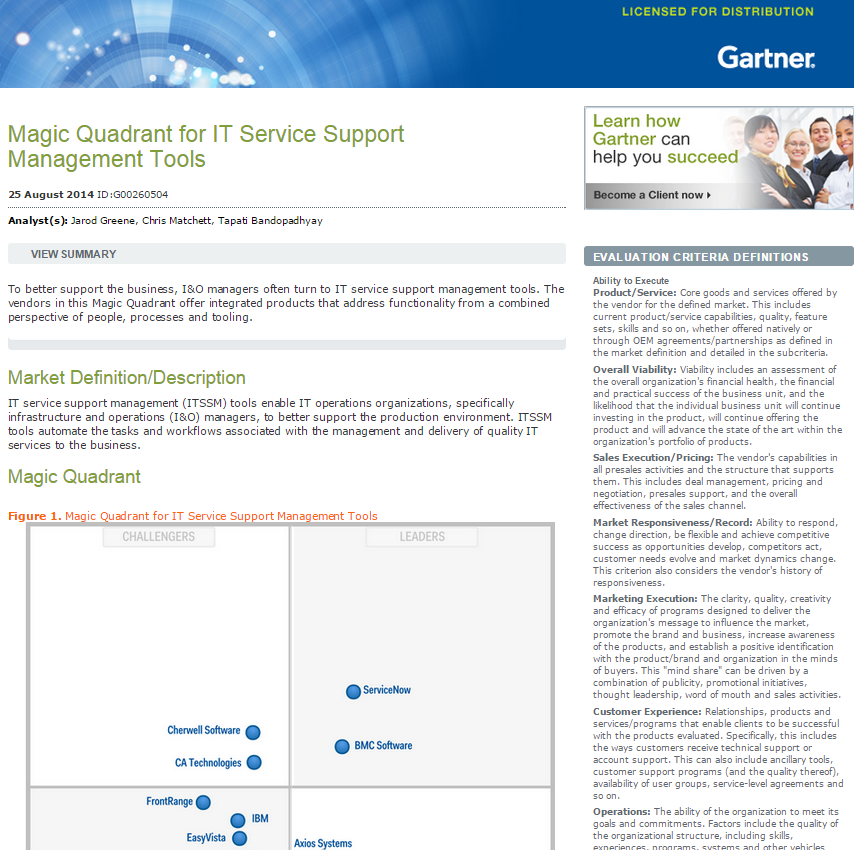 Magic Quadrant for IT Service Support Management Tools