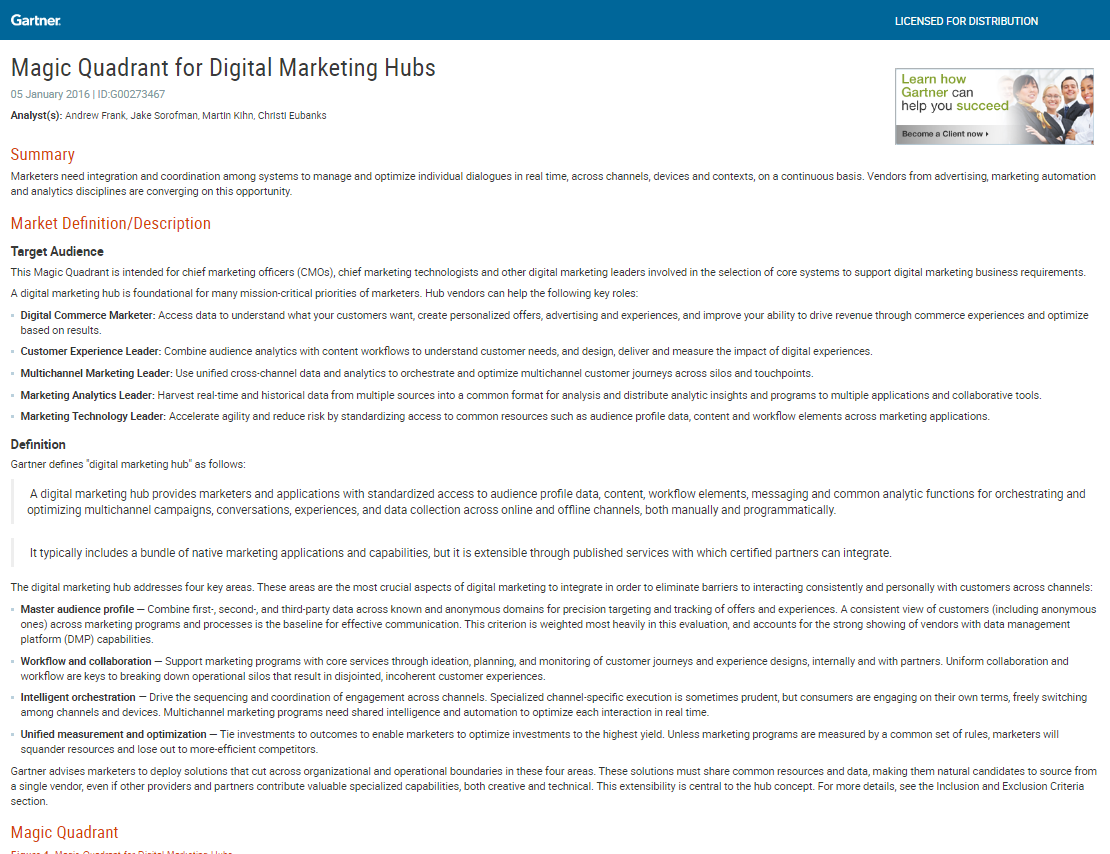 2016 Gartner Magic Quadrant for Digital Marketing Hubs