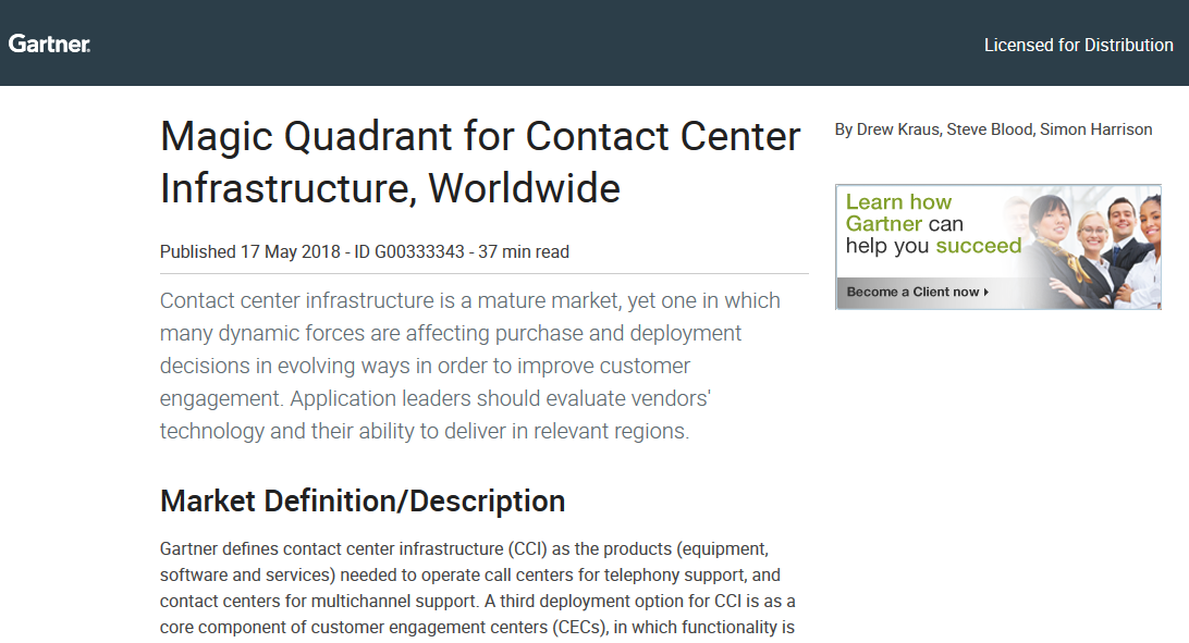 2018 Gartner Magic Quadrant for Contact Center Infrastructure, Worldwide