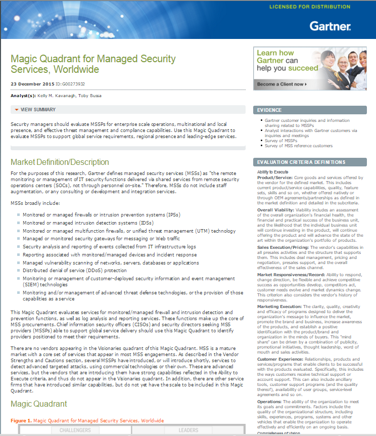 2015 Gartner Group Magic Quadrant on Managed Security Services