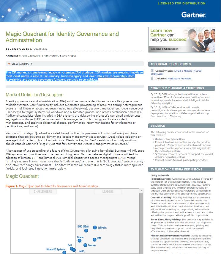 Gartner 2015 Magic Quadrant for Identity Governance and Administration