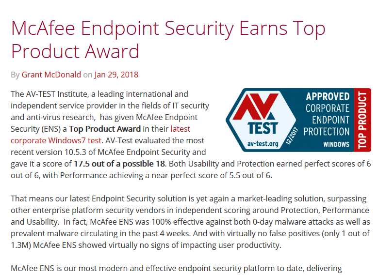 McAfee Endpoint Security wins top product award