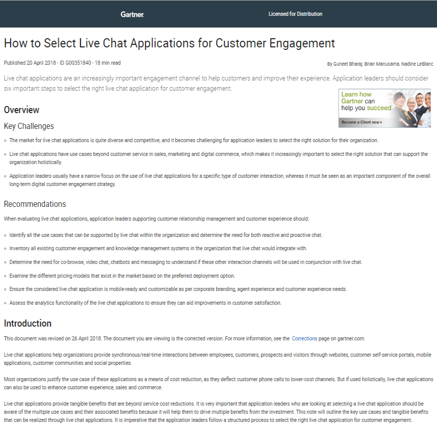 Gartner Report: How to Select Live Chat Applications for Customer Engagement