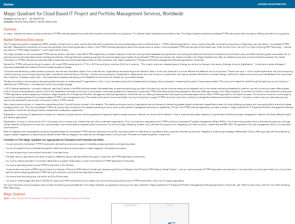 Magic Quadrant for Cloud-Based IT Project and Portfolio Management Services