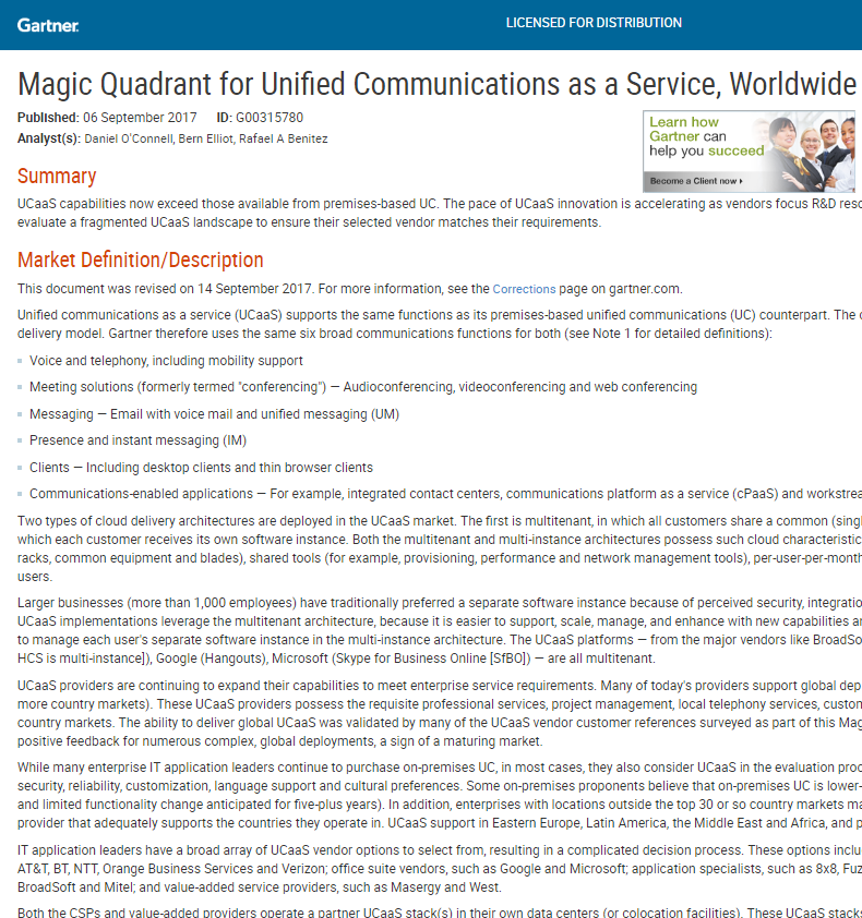 Magic Quadrant for Unified Communications as a Service, Worldwide