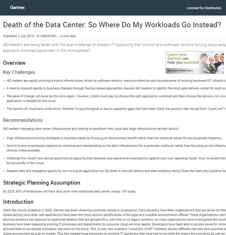 Gartner Report:  Death of the Data Center. So Where Do My Workloads Go Instead?