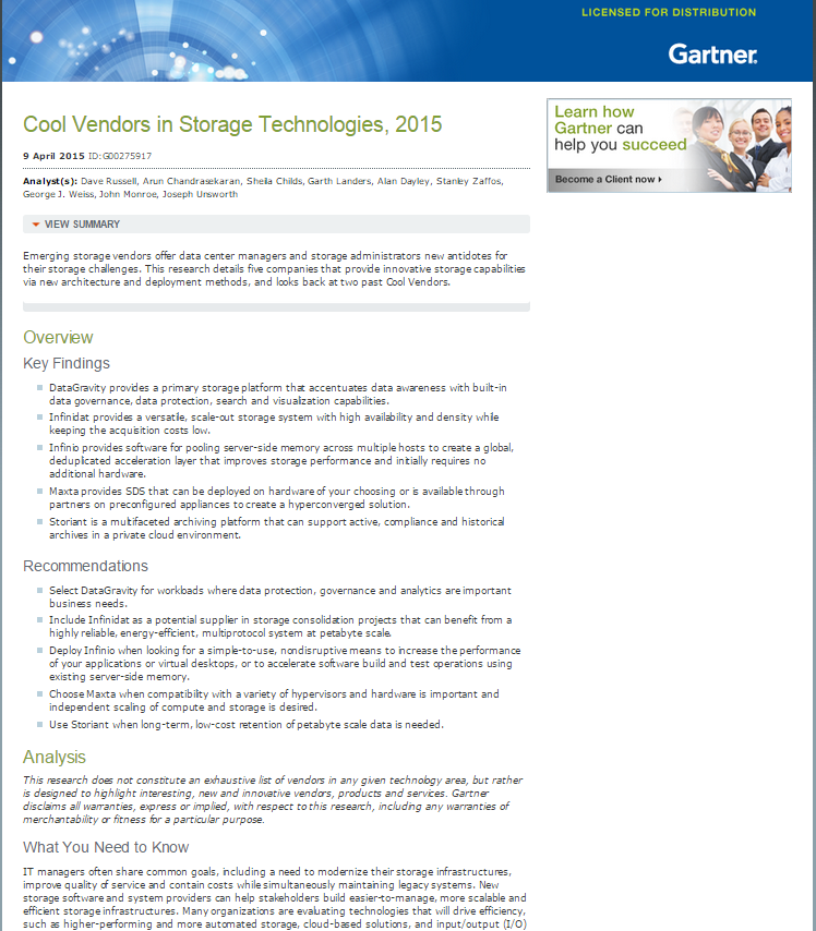 Gartner Report: Cool Vendors in Storage Technologies, 2015