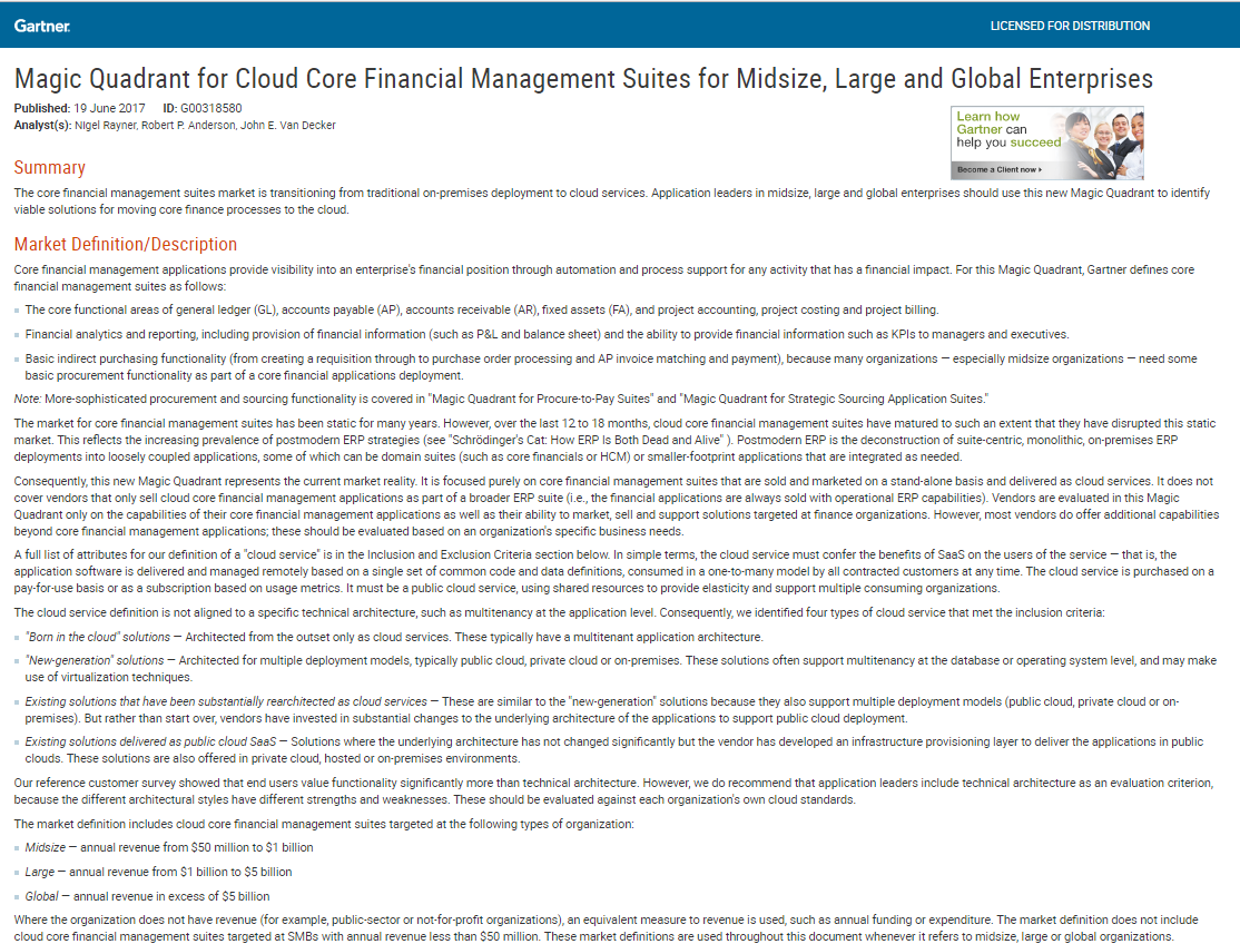 Magic Quadrant for Cloud Core Financial Management Suites for Midsize, Large and Global Enterprises