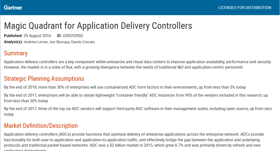 Gartner Magic Quadrant for Application Delivery Controllers