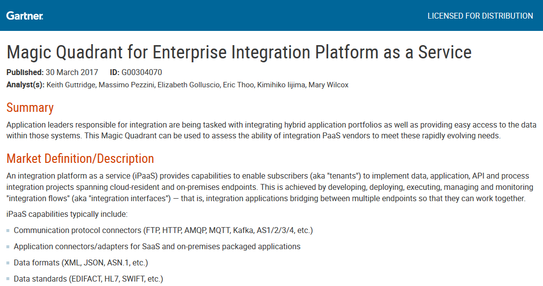 2017 Gartner Magic Quadrant for Enterprise Integration Platform as a Service