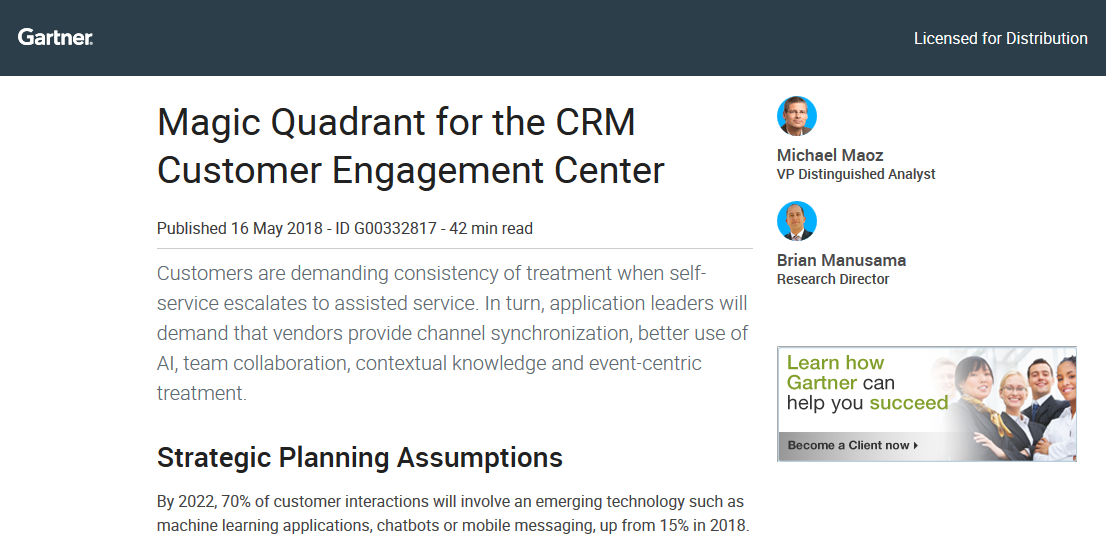 Gartner’s 2018 Magic Quadrant for the CRM Customer Engagement Center