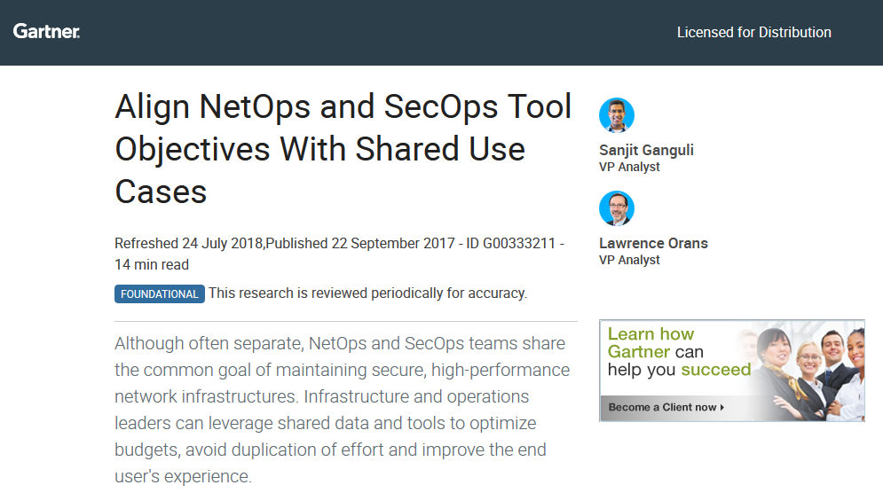 Gartner Report: Align NetOps and SecOps Tool Objectives with Shared Use Cases