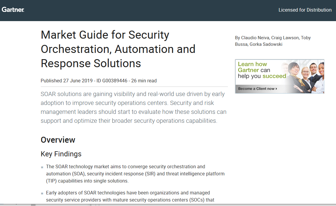 Gartner report: 2019 Market Guide for Security Orchestration, Automation and Response Solutions