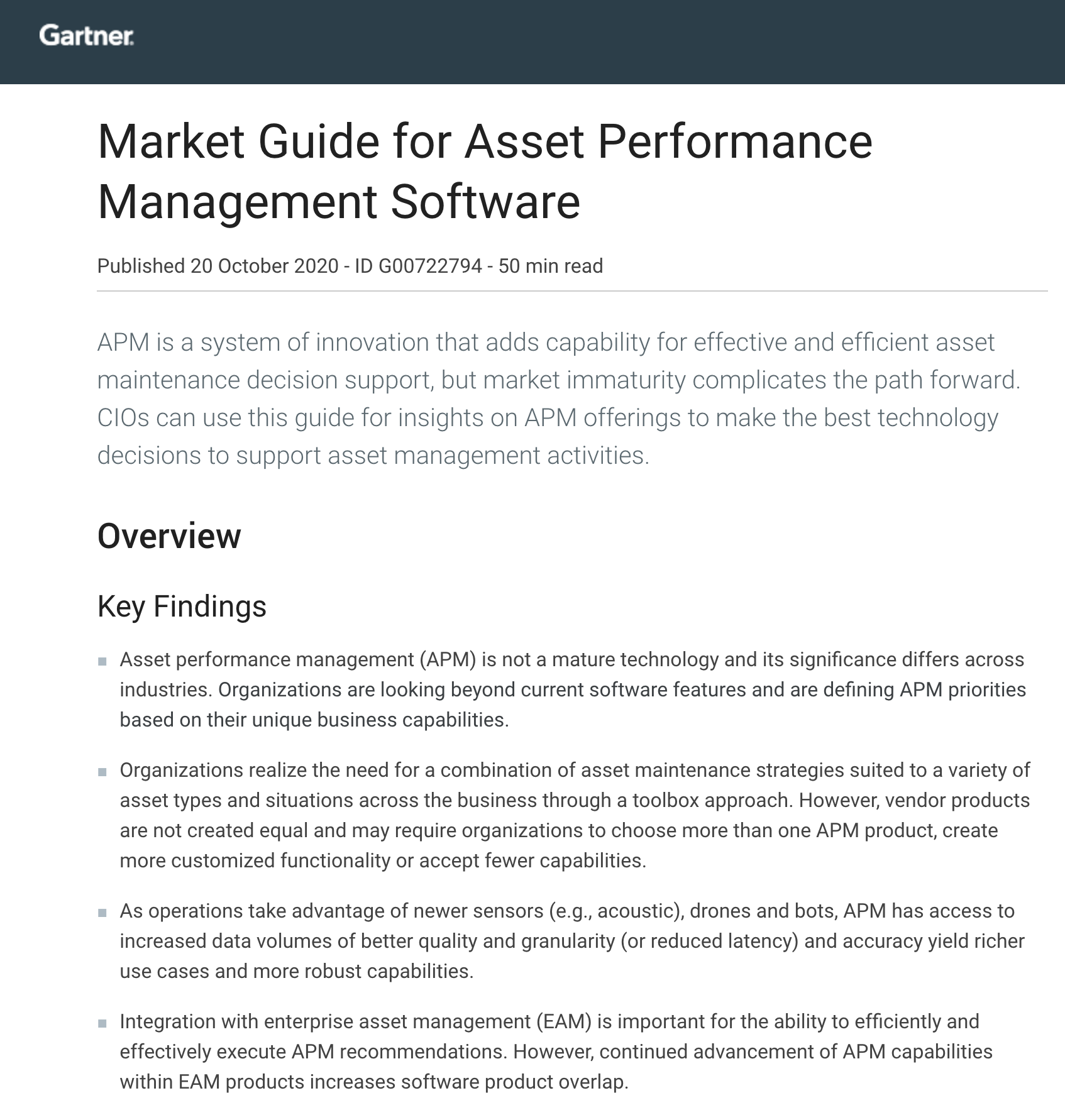 Gartner Market Guide for Asset Performance Management Software