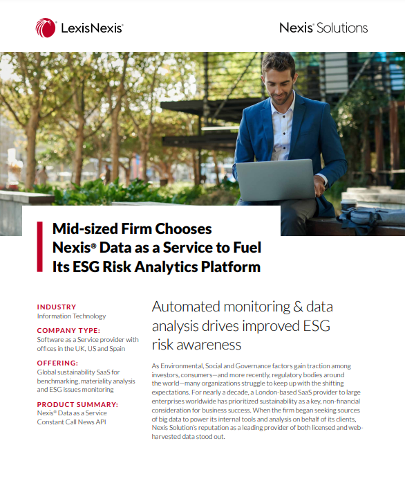 Mid-sized Firm Chooses Nexis® Data as a Service to Fuel Its ESG Risk Analytics Platform